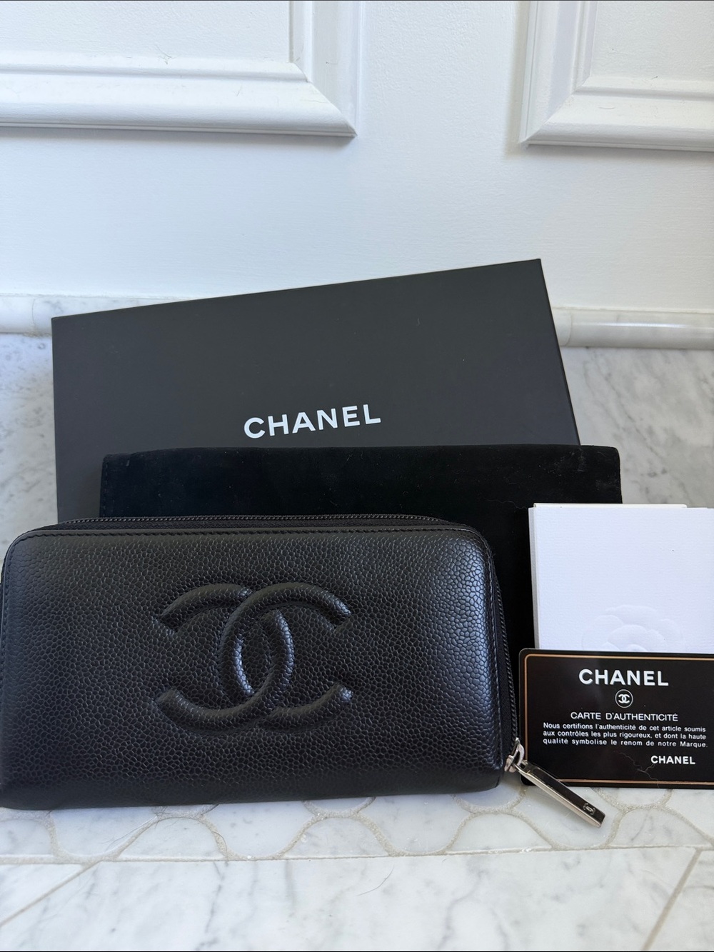 Chanel Black Caviar Timeless CC Large Zip Around Wallet Full Set